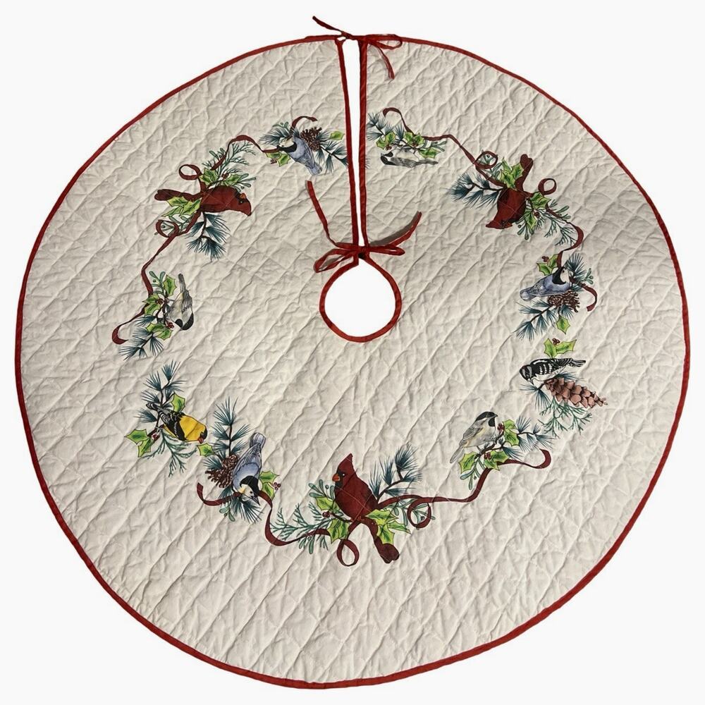 Vintage Quilted Christmas Tree Skirt 43" Cardinal Song Birds Holy Pine Red